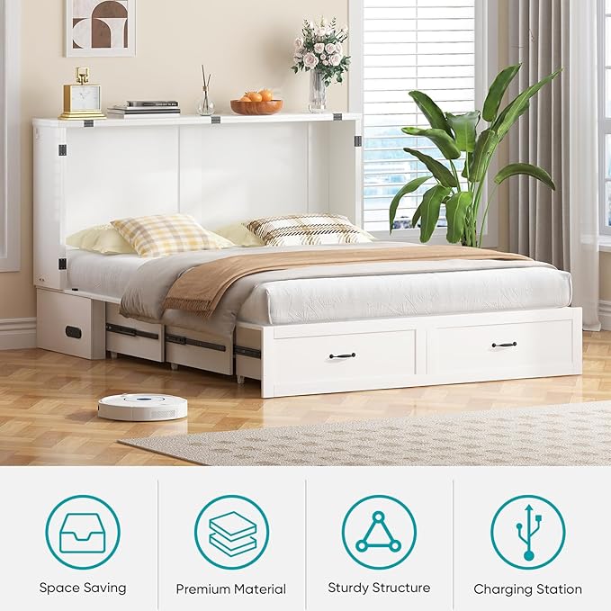BALUS Murphy Bed Queen with USB Charging Station, Murphy Cabinet with 2 Storage Drawers, Hideaway Foldable Wall Cabinet Bed Chest for Living Room Bedroom Home Office (No Mattress, White)