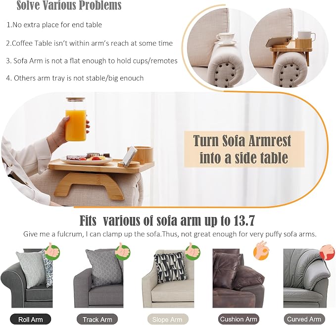 Nnewvante Couch Table on Arm,3 in 1 Large 15.36"x9.85" Bamboo Couch Cup Holder Sofa Arm Clip on TV Tray Table with 360°Rotated Phone/Cup Holder