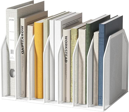 FANXIYQ White 7-Section File Folder Organizer for Desk, Metal Vertical File Holder Stand, Desktop File Organizer Rack for Letter/A4 Folders, Papers, Books, Office Classroom Home