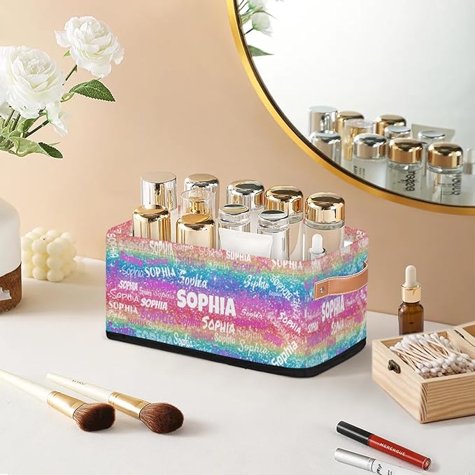 Personalized Name Small Storage Basket with Handles, Canvas Storage Bins Toys Organizer for Bedroom, Bathroom, Nursery, Shelves, Closets, Colorful Sparkly Bling Glitters Pink Blue Yellow