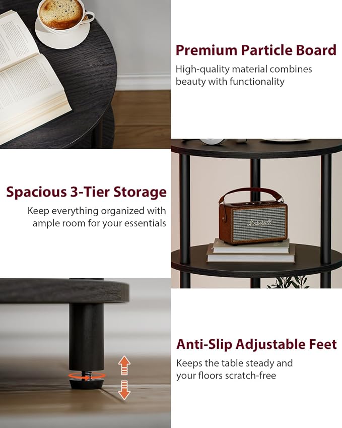 XBurmo Small Round End Table - 3 Tier Design Accent Table, Narrow Side or Bedside Stand, Industrial Vintage Nightstand for Bedroom, Living Room, or Small Spaces, Set of 2, Charcoal Wenge