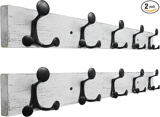 SKOLOO 30-Inch Wood Coat Rack Wall Mount with 5 Triple Hooks - Ideal for Family Entrances, Classrooms, and Pet Supplies Storage - Perfect Coat Hooks for Wall,Distressed White Wash, Pack of 2