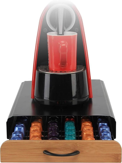 Flagship Coffee Pod Holder for Nespresso Originalline Capsule Holder Drawer Pod Storage Drawer 60 Capacity, Black Metal & Bamboo Coffee Drawer