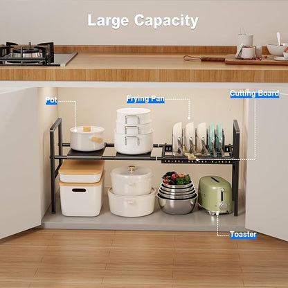 Mustorn Pots and Pans Organizer Under Cabinet, Expandable 1 Tier Under Sink Organizers and Storage Adjustable Height Kitchen Pot and Pan Lid Holder Rack with 6 Dividers Under Cabinet Shelf(Black)