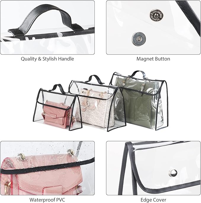 Univivi 6 Pack Dust Bags For Purses and Handbags,Clear Dust Covers Bag Organizer Closet Organizer System,Bedroom Handbag Organizer, With Magnet Button & Leather Handle (3 Size)