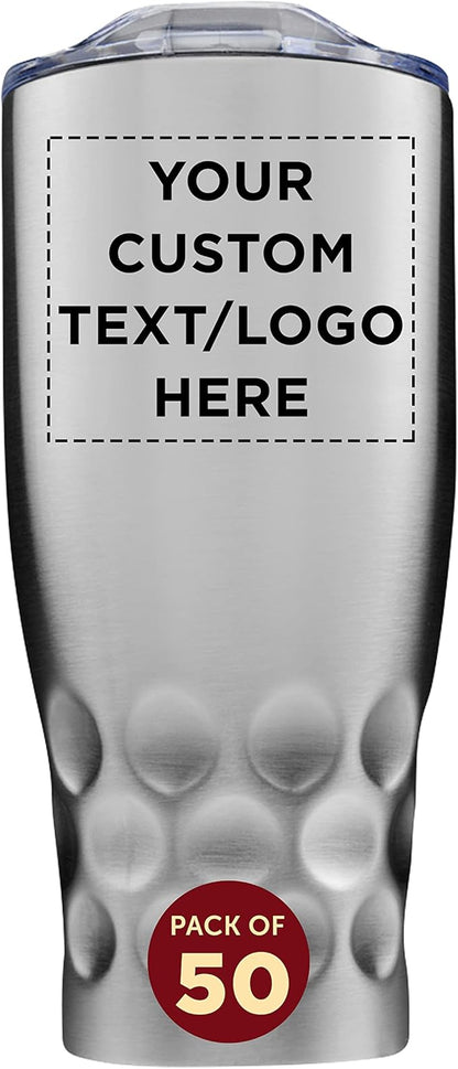 Custom Stainless Steel Tumblers by Molokini 27 oz. Set of 50, Personalized Bulk Pack - Double Wall, Perfect for Coffee, Soda, Other Hot & Cold Beverages - Silver