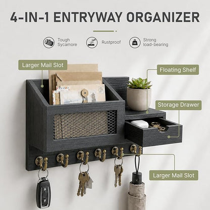 FifthQuarter Key and Mail Holder for Wall, Mail Organizer Wall Mount with 6 Hooks and Storage Drawer, Easy Installation Key Rack for Entryway and Home Decor (B-Black)