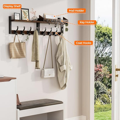 Evermagin 35" Coat Rack Wall Mount with Shelf, 4 in 1 Coat and Key Hanger with 13 Metal Hooks, Entryway Wall Mounted Shelf with Mail Holder for Living Room, Bedroom, Rustic Brown