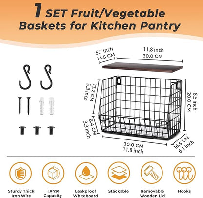 Fruit Bowl for Kitchen Counter Stackable Wall Mounted Hanging Basket Wire Basket with Wood Lid with Banana Hanger Hooks, Onion,Potato,Fruit and Vegetable Storage