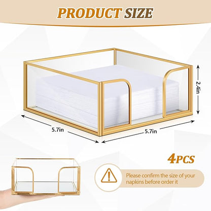 LemonRoad 4 Pcs Square Gold Napkin Holder for Table 5.7 x 5.7 Inch Decorative Cocktail Napkin Holder Glass Flat Paper Basket for Kitchen Dining Buffet Bar Counter Wedding Party Restaurant Bar Hotel