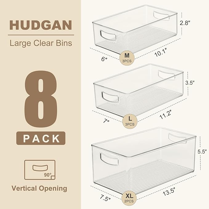 Hudgan 8 Pack Freezer Organizer Bins,Stackable,Clear Bins for Fridge,Pantry | Straight Side, 3 Sizes, 2 XL Storage Container, 3 Large Cabinet Organizer, 3 Medium Storage Drawer