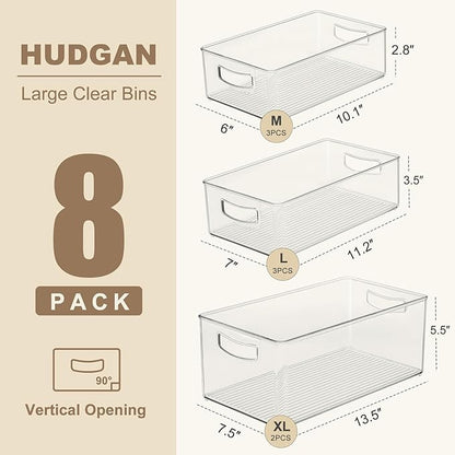 Hudgan 8 Pack Freezer Organizer Bins,Stackable,Clear Bins for Fridge,Pantry | Straight Side, 3 Sizes, 2 XL Storage Container, 3 Large Cabinet Organizer, 3 Medium Storage Drawer