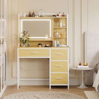 35.4" Vanity Desk with Square Mirror for Bedroom, Makeup Table with 4 Fabric Drawers & Storage Shelves, Modern Dressing Desk for Women Girls