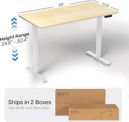 VIVO Electric 60 x 24 in Dual Motor Sit Stand Desk, Memory Height Adjustment, 2B Series, Light Wood Top White Frame, DESK-KIT-2W6C