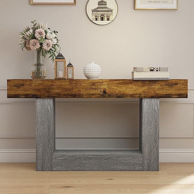 Spaco 63'' Long Console Table,2 Tier Farmhouse Entryway Table Sofa Table with Storage,Wood Behind Couch Table for Living Room, Hallway,Foyer (Rustic Brown w/Grey Leg)