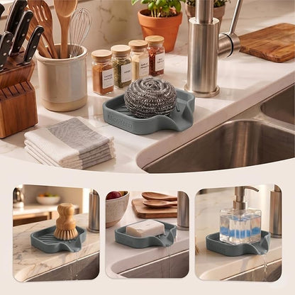 MicoYang Silicone Soap Dish with Drain Spout, Self-Draining Sink Organizer Tray for Bathroom and Kitchen, Sponges, Dispensers and Soap Holder, Non-Slip and Dishwasher Safe, Grey (Compact, 4.9"×3.2")