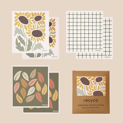 RECYCO Swedish Dishcloths for Kitchen | 6 Pack Autumn Leaf Washable Dish Rags | Cellulose Reusable Cleaning Paper Towels | Absorbent Counter Dish Cloth Sponge Kitchen Wipes, 8" L x 7" W