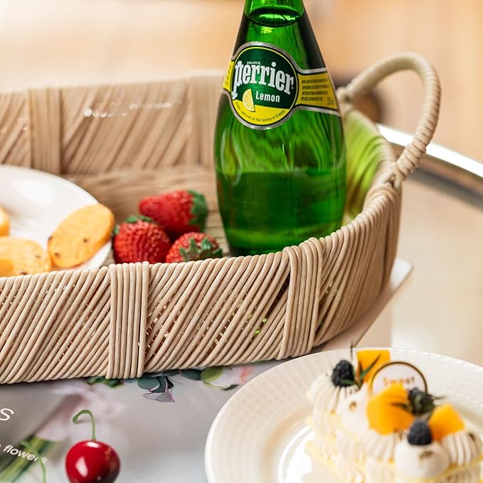 Hand-Woven Rattan-Style Storage Basket with Handles, Beige Oval Organizer Tray for Bathroom Kitchen Living Room | Fruit, Snack, Cosmetic & Toiletries Organizer | Decorative Multi-Purpose Basket