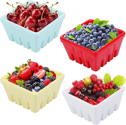Yiksonyo 4 Pack Ceramic Berry Basket, 5.1 Inches Square Ceramic Fruit Bowls with Draining Holes, Rustic Stoneware Berry Bowls for Strawberries, Grapes, Cherries & More
