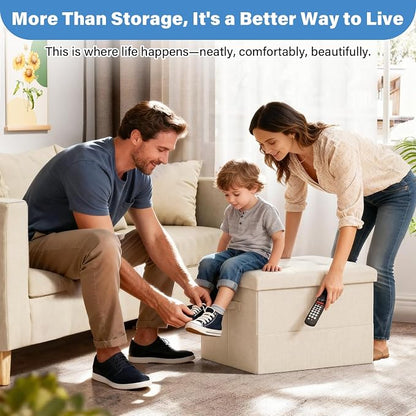 Dayacoco Storage Ottoman Foot Rest Stool, Foldable Foot Rest Stool with Thicker Foam Padded Seat, 43L Small Ottoman with Storage, Holds Up to 350lbs, 17x13x13in, Beige