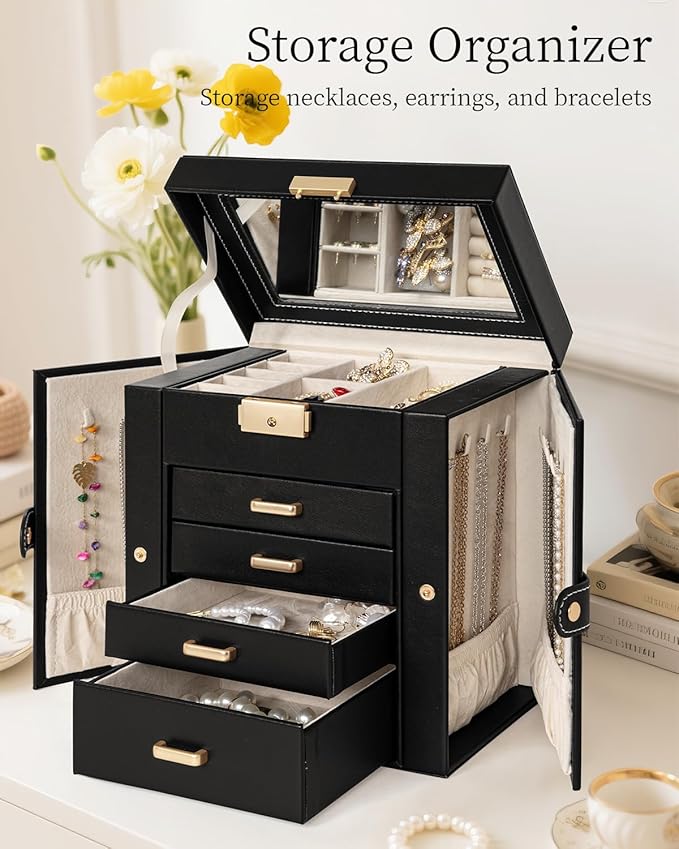 TORIBIO Jewelry Box for Women, Leather Jewelry Organizer with Mirror & Lock, 5-Tier Jewelry Storage Organizer with 4 Drawers for Girls/Women/Mothers, Necklace Earring Bracelets Holder Organizer