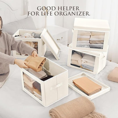 Homsorout Storage Bins with Lids - Large Decorative Basket with Lids, Fabric Foldable Closet Organizer Bins, Stackable Shelf Organizer for Living Room, Dorm, 5 Pack, Beige