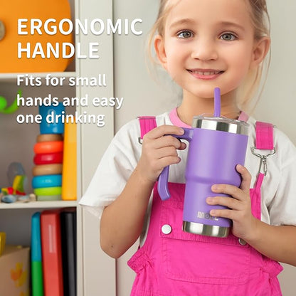 Kids 16 oz Tumbler with Handle-Stainless Steel Double Wall Vacuum Insulated Water Cup with Lid and Straw, Leak Proof- BPA Free, Purple