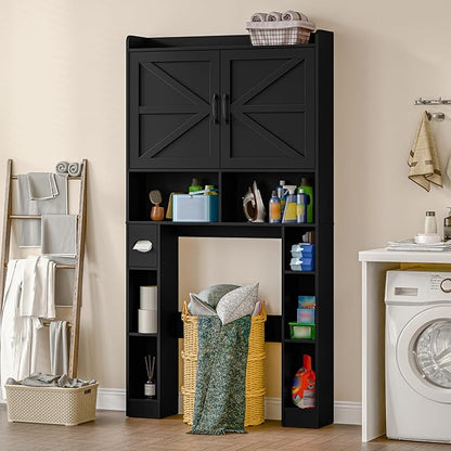 Over The Toilet Storage Cabinet, Farmhouse Toilet Cabinet Rack with Barn Doors, Space Saving Bathroom Organizer with Shelves, Toilet Paper Holder and Towel Rack for Bathroom,Laundry Pure Black
