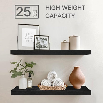 QEEIG Floating Shelves for Wall 23.6" Long - Wall Mounted Shelf Bathroom Kitchen Living Room Bedroom Farmhouse Home Decor Display Bookshelf Large 23.6 x 9.3 inch Set of 2, Black (008-60B)