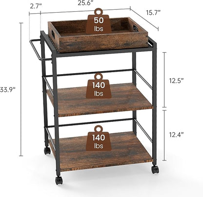 3 Tier Kitchen Cart, Rolling Bar Cart for Tea, Coffee, Liquor, and Drink Service with Removable Serving Detachable Server, Rustic Brown and Black
