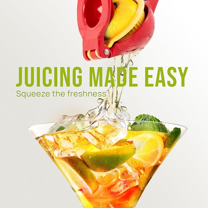 Zulay Kitchen Metal 2-in-1 Lemon Squeezer - Sturdy Max Extraction Hand Juicer Lemon Squeezer Gets Every Last Drop - Easy to Clean Manual Citrus Juicer - Easy-Use Lemon Juicer Squeezer - Red/Yellow