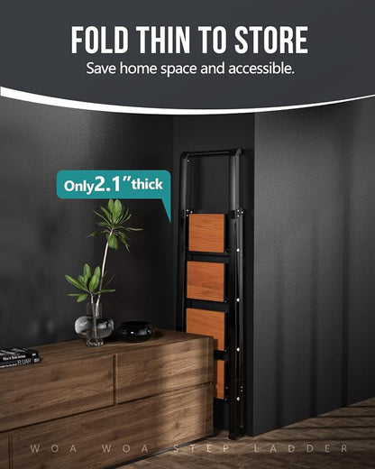 WOA WOA 4 Step Ladder, Ladders for Home, Anti-Slip Pedals, Aluminum Step Stool Foldable, Lightweight to Move, Ease of Storage, Reach 9ft for Closet Kitchen Library, Hold 300lbs - Black&Wood Grain