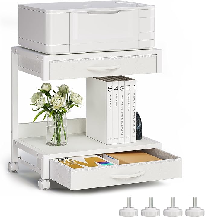 VENNQD 2-Tier Desktop Printer Stand with 2 Fabric Drawers, Prtiner Table with Storage Shelf, Desk Organizer for Home Office,3D Printer,Fax Machine,Scanner (White, 2 Tier)
