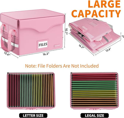 DocSafe 5200°F Fireproof Document Box with Lock,Heat Insulated File Organizer Storage with Pockets,Collapsible Portable Home Office File Safe Box with Handle for Hanging Letter/Legal Folders, Pink