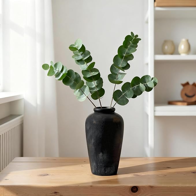 NEBRYX Large Ceramic Vase, 11 inch Minimalist Vase for Home Decor, Handmade Farmhouse Flower Vase for Table Centerpiece, Wedding, Living Room, Kitchen Decoration, Shelf Decor (Black)