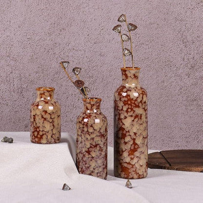 Ceramic Vase Set - 3 Crack Brown Small Vases, Farmhouse Country Flower Vase Home Decor, Living Room Decoration, Table Decoration, Fireplace Decor, and Entrance Decorations Centerpieces