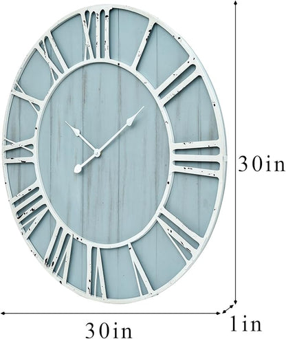 EMAX HOME Large Farmhouse Wall Clock 30 Inch Vintage Blue Wooden Wall Clock with Quiet Ticking and Minimalist Roman Numerals for Bedroom Living Room Office Kitchen Home Decor, Battery Operated