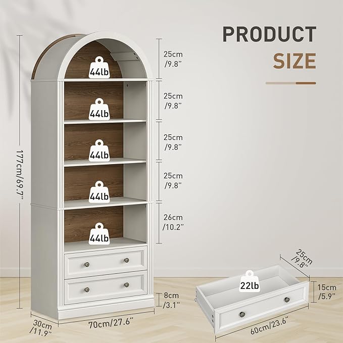 Farmhouse Arched Bookshelf, 7 Tiers Arch Bookcase with 2 Spacious Drawers, Modern Book Shelf with Open Display Shelves and Storage Cabinet, for Office, Living Room, Kitchen, Walnut and White