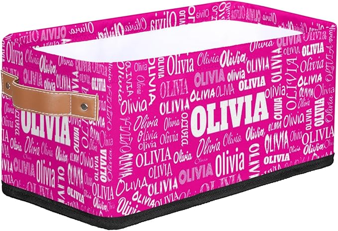 Personalized Name Small Storage Basket with Handles, Hot Pink Canvas Storage Bins Toys Organizer for Bedroom, Kitchen, Bathroom, Nursery, Shelves, Closets