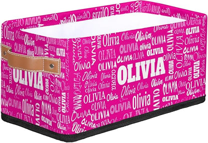 Personalized Name Small Storage Basket with Handles, Hot Pink Canvas Storage Bins Toys Organizer for Bedroom, Kitchen, Bathroom, Nursery, Shelves, Closets