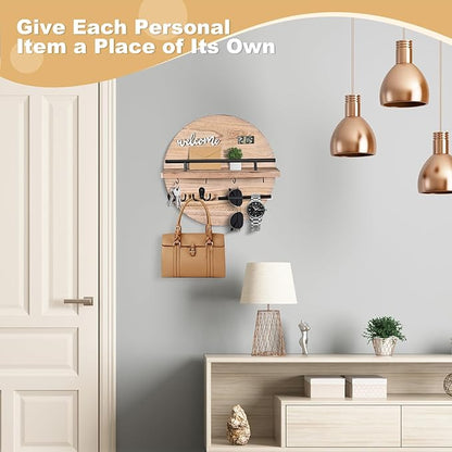 Key Holder for Wall Decorative, Key Hooks Wall Mounted with Shelf and Wooden Key Holder Round Key Hooks for Entryway Mudroom Hallway Kitchen Office (Wood)