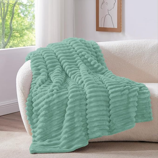 BEDELITE Twin Blanket for Couch & Bed, 300GSM Soft & Warm Fleece Blanket, Decorative and Giftable Striped Mint Blue Blankets for Women, Men, 60"x80"
