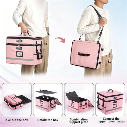 EXLIFBAG 2 Layer File Box with Lock, Portable Document Organizer Box with Handle, Fireproof File Box for Home Office, Legal File Organizer Storage
