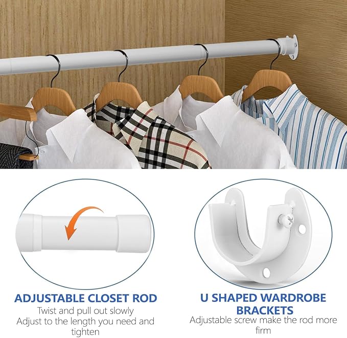 SUTINE Closet Rod, 17 to 53 Inch Closet Rods for Hanging Clothes, Heavy Duty Adjustable Closet Hanging Rod Bar White Closet Poles for Wardrobes, Closet, Bathroom, Windows,1.3 Inch Diameter