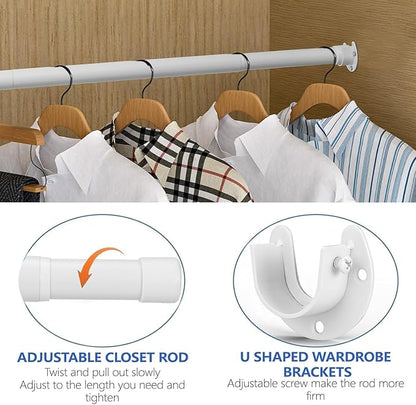 Closet Rod, 17 to 68Inch Closet Rods for Hanging Clothes, Heavy Duty Adjustable Closet Hanging Rod Bar White Closet Poles for Wardrobes, Closet, Bathroom, Windows, 1.3Inch Diameter
