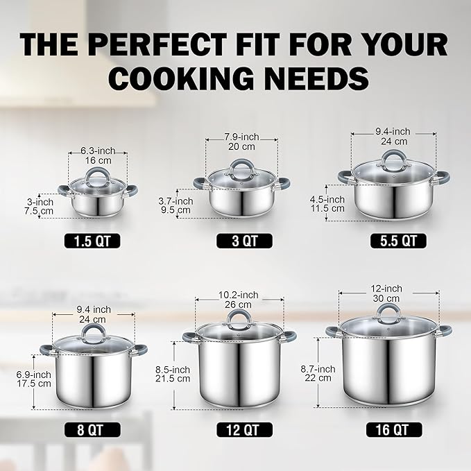 Cook N Home Basics 3 Quart Stainless Steel Stock Pot with Lid, Cooking Pot for Pasta, Soup, Stay-Cool Silicone Handle, Stockpot with Even Heating, Oven Safe, Cookware for Canning, Boiling, Simmer