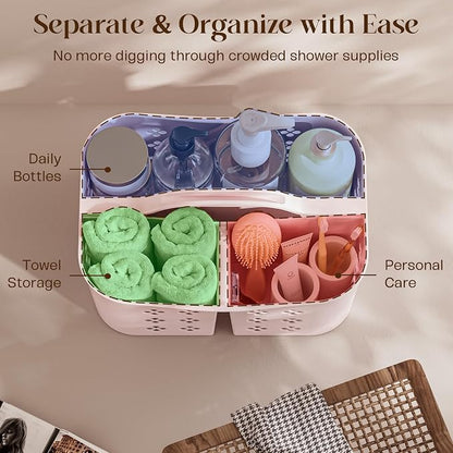 Portable Shower Caddy with Handle, Large Capacity Shower Basket Organizer, Quick-Drain Bathroom Storage Tote, Durable Plastic Shower Organizer for College Dorm, Beach, Gym, Travel Essentials, Pink