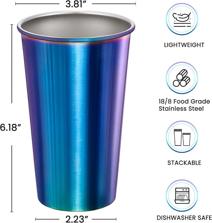 MEWAY 12 Pack 24oz Stainless Steel Pint Cup,Healthy Unbreakable and Stackable,Metal Drinking Glasses，Beer Glasses（Rainbow）