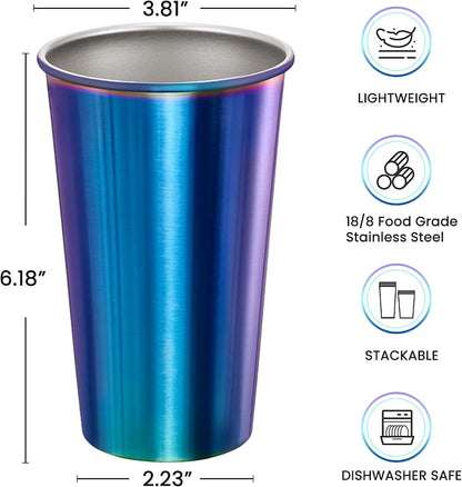 MEWAY 4 Pack 24oz Stainless Steel Pint Cup,Healthy Unbreakable and Stackable,Metal Drinking Glasses，Beer Glasses（Rainbow）