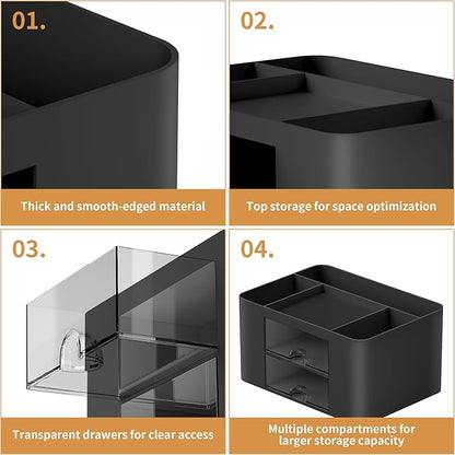 Marbrasse Pen Organizer with 2 Drawer, Multi-Functional Pencil Holder for Desk, Desk Organizers and Accessories with 5 Compartments + Drawer for Office Art Supplies (Black)